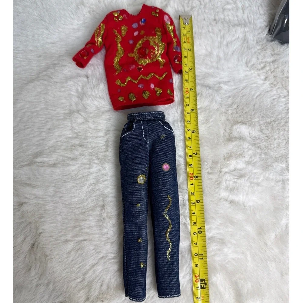 90's Genuine Barbie Red Glitter Sweater and Denim Jeans Doll Clothes Outfit Set